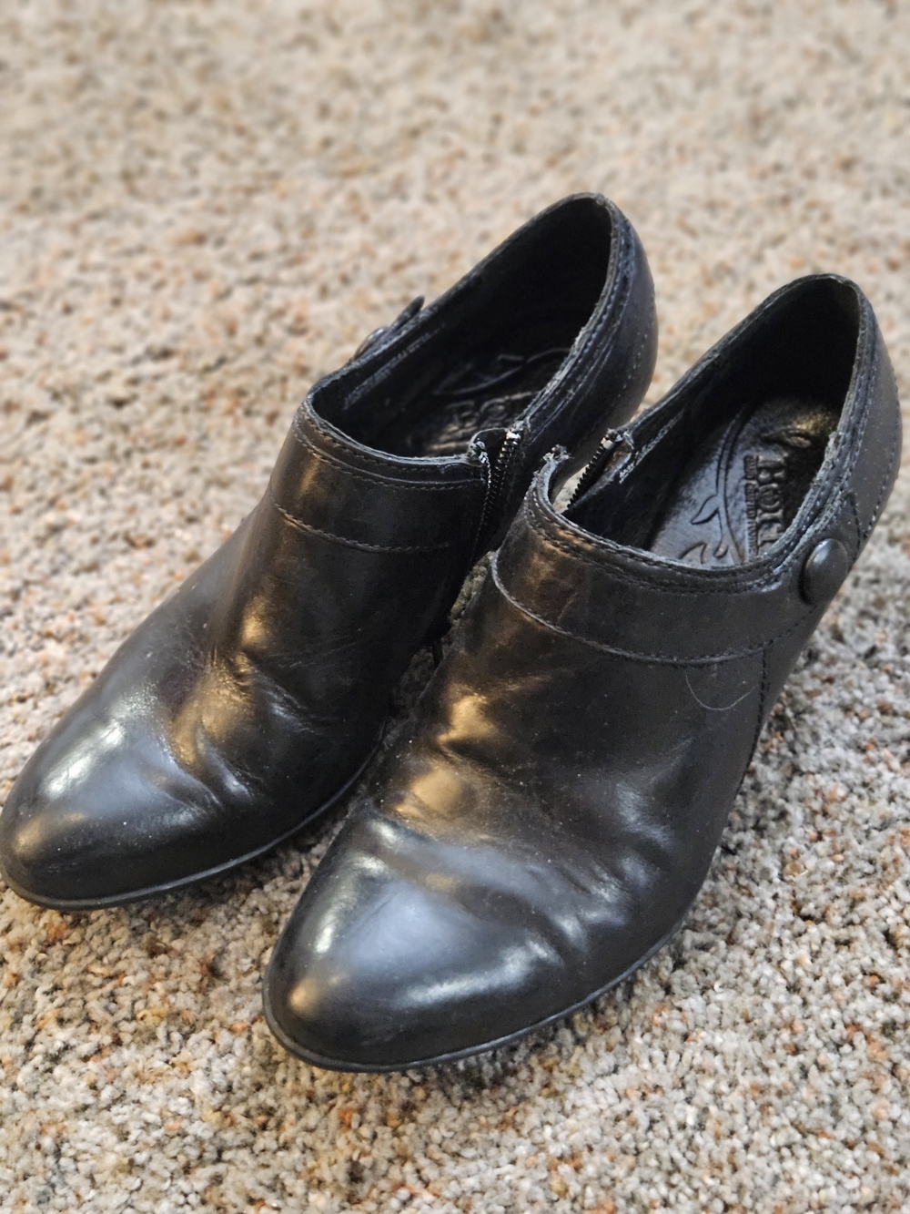 Born Black Leather Slip-On Clogs with Button Accent